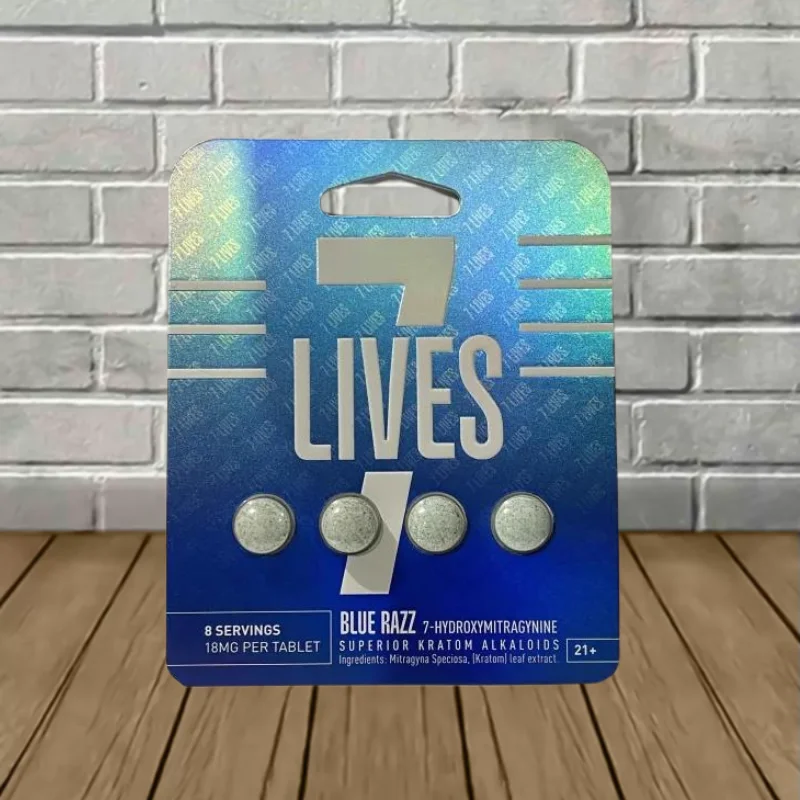 7 Lives Kratom flavored extract tablets in various colors showing Blue Razz Sour Apple and Watermelon options