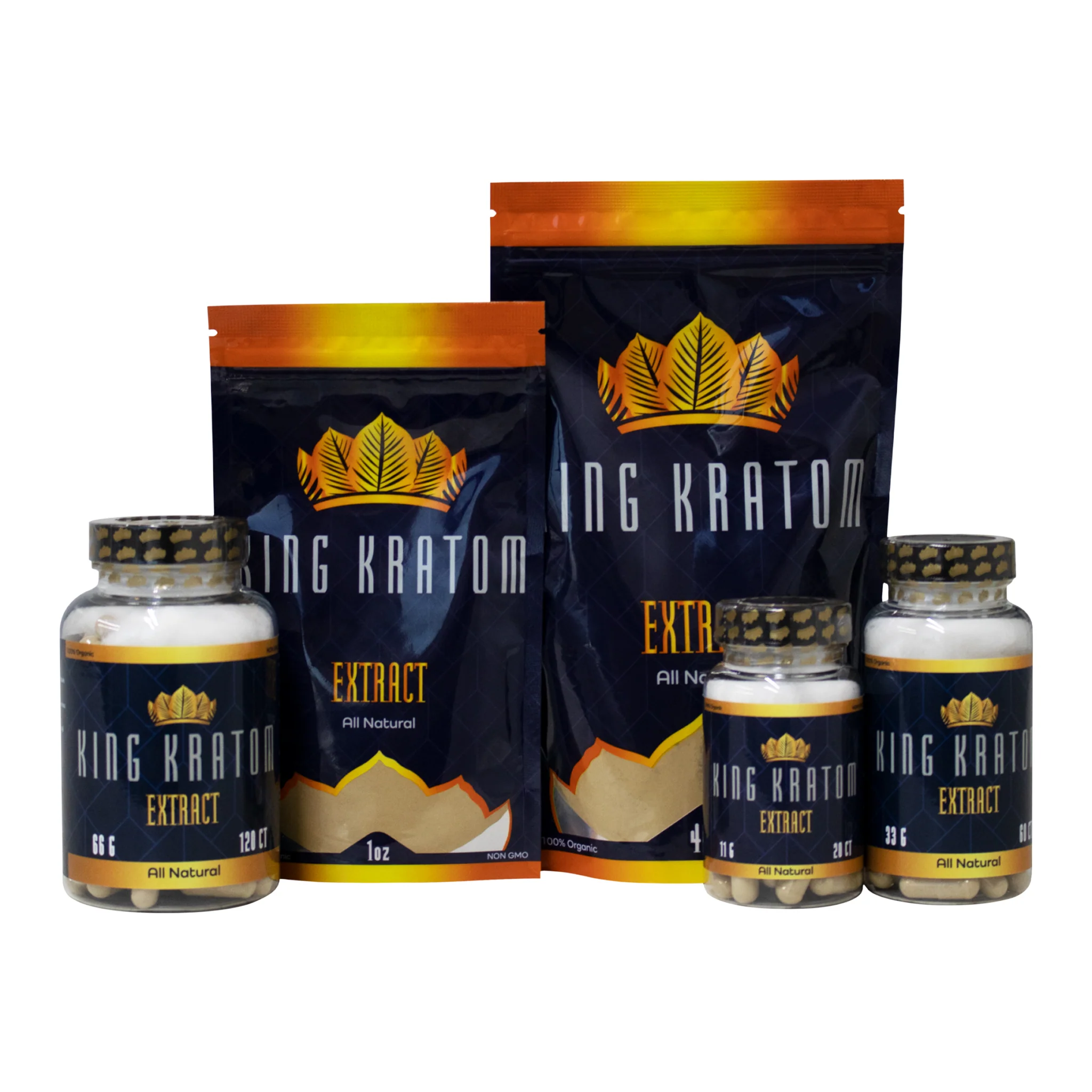 King Kratom extract powder and capsule products displayed with packaging showing GMP certification badge
