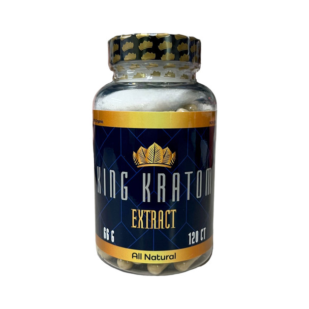 King Kratom extract capsule bottle showing child-proof seal logo-printed capsules and product specifications label