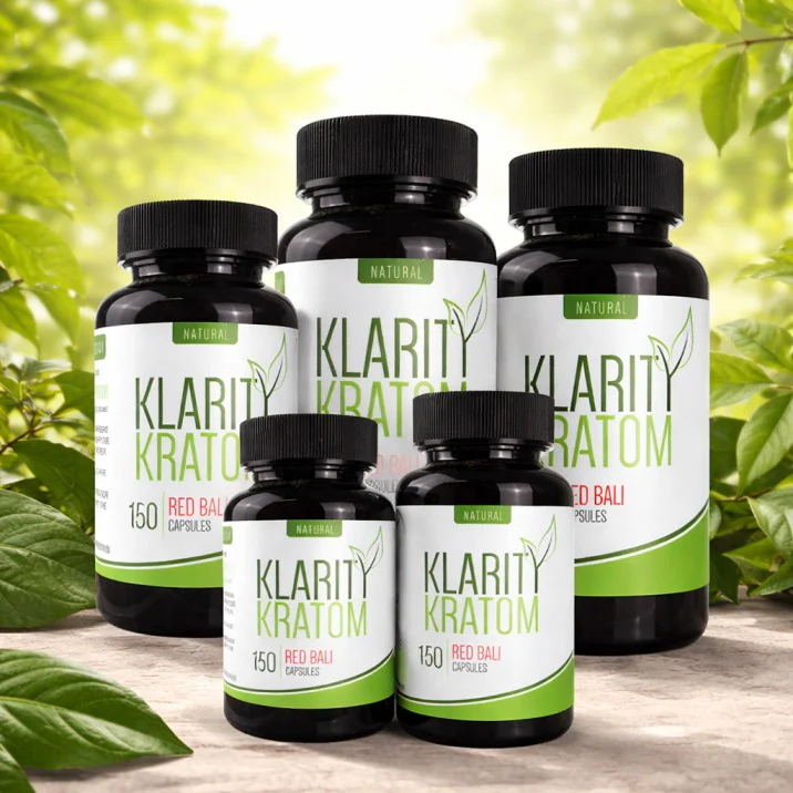Klarity Kratom capsule bottles showing 750mg jumbo capsules in various strain options including Red Bali Maeng Da and Trainwreck