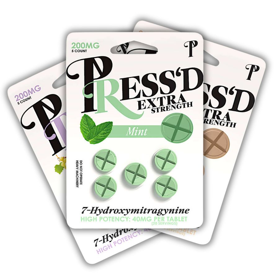 Press'd kratom tablets in blister pack showing scored dosing marks for precise consumption