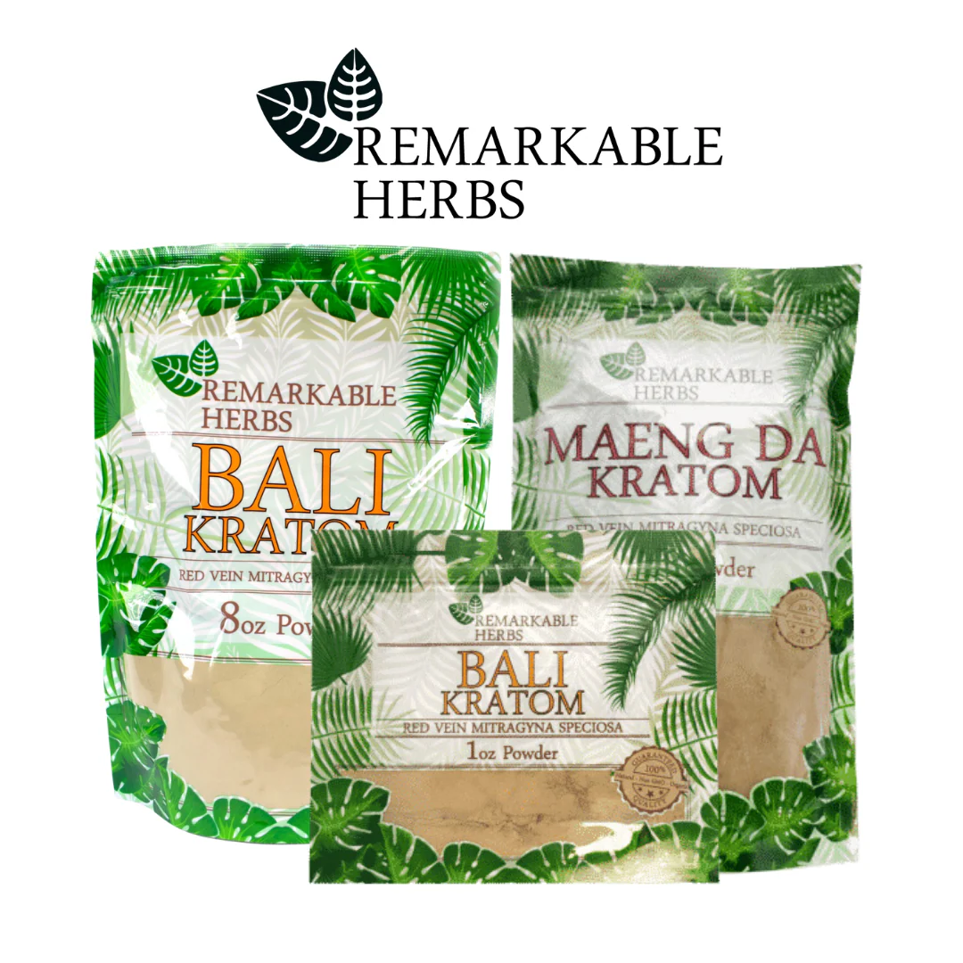 Remarkable Herbs kratom powder pouches with tropical design packaging