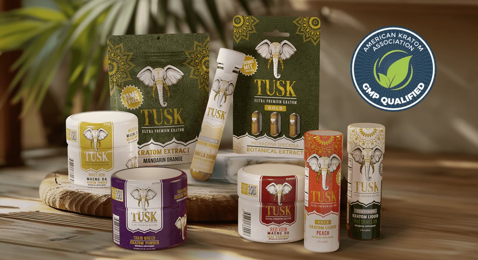 Tusk Kratom product lineup including ultra premium powder capsules and extract shots