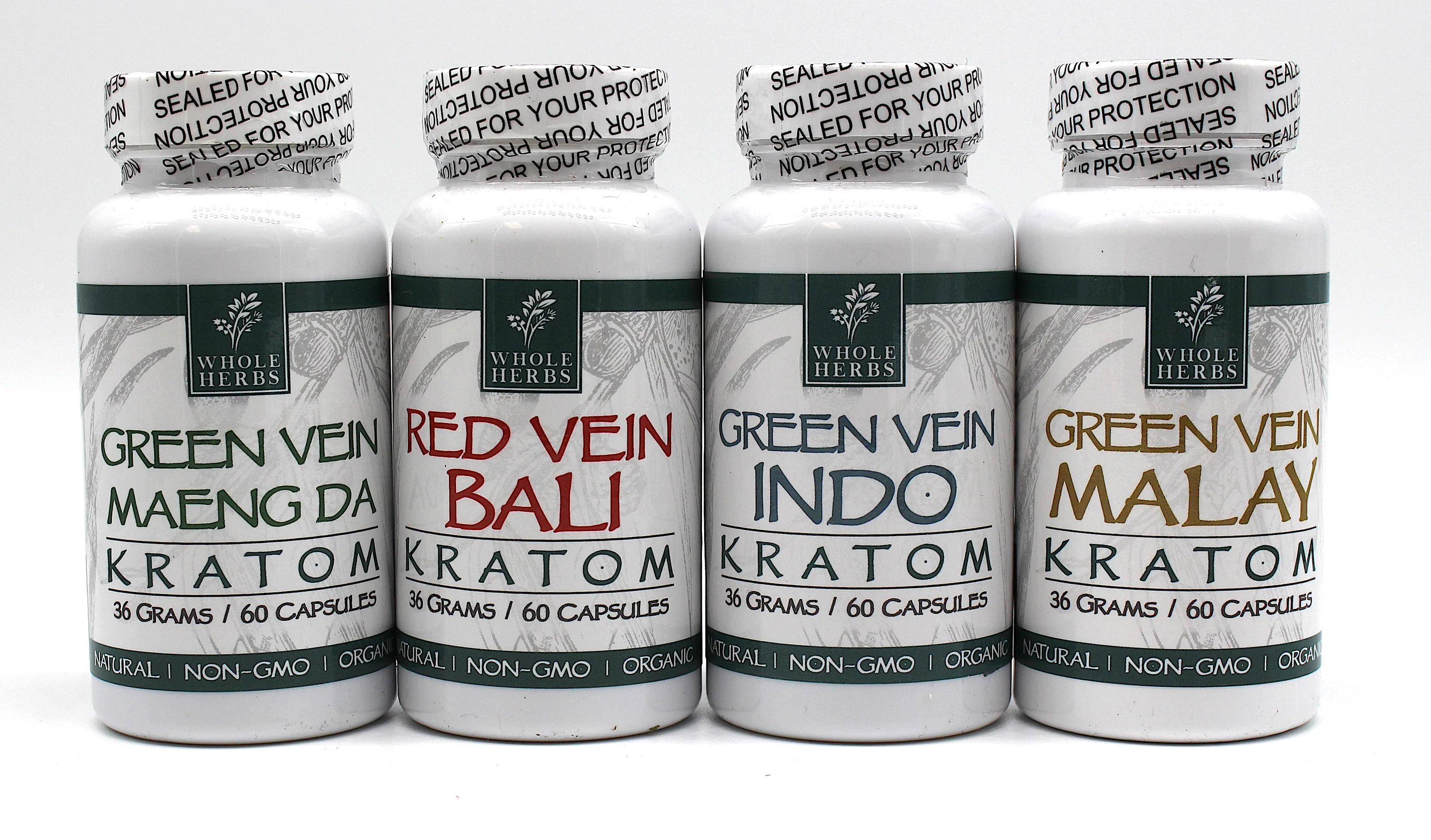 Whole Herbs Kratom capsules and powder products including Red Bali and Green Maeng Da strains