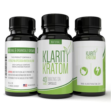 Klarity Kratom capsule bottles showing 750mg jumbo capsules in various strain options including Red Bali Maeng Da and Trainwreck