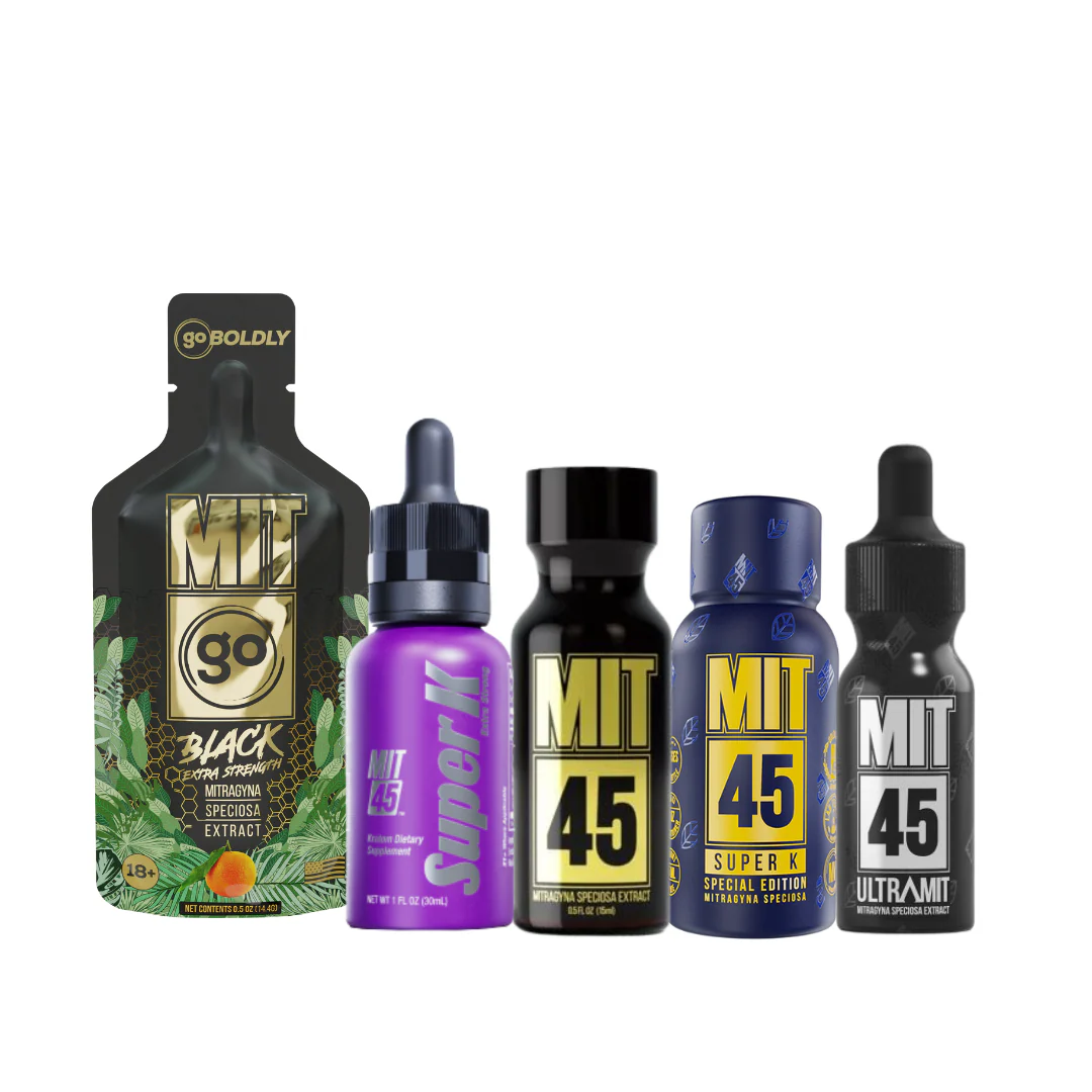 MIT45 kratom product lineup showing Gold shot Super K bottles capsules and gummies with brand logo