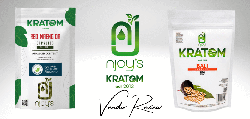 NJoy Kratom powder bags in various sizes showing resealable packaging and strain labels for Red Malay Green Malay and Yellow Borneo