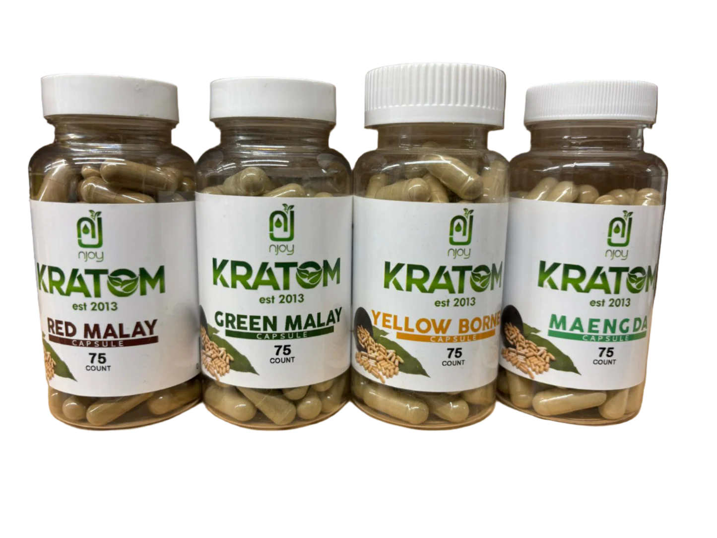 NJoy Kratom Trainwreck capsules bottle showing 300 count with strain information and serving size details